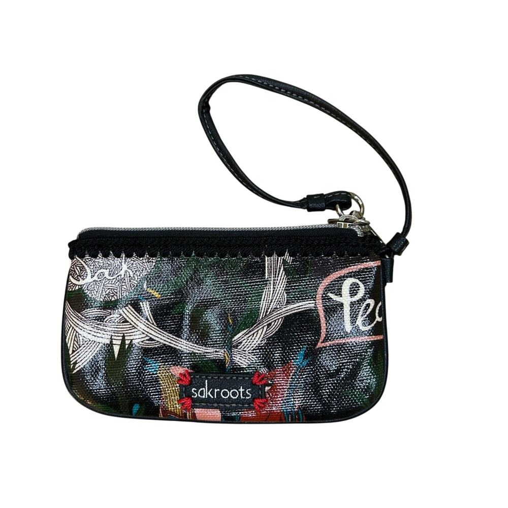 Sakroots Peace Nature Happy Wristlet Pouch Black